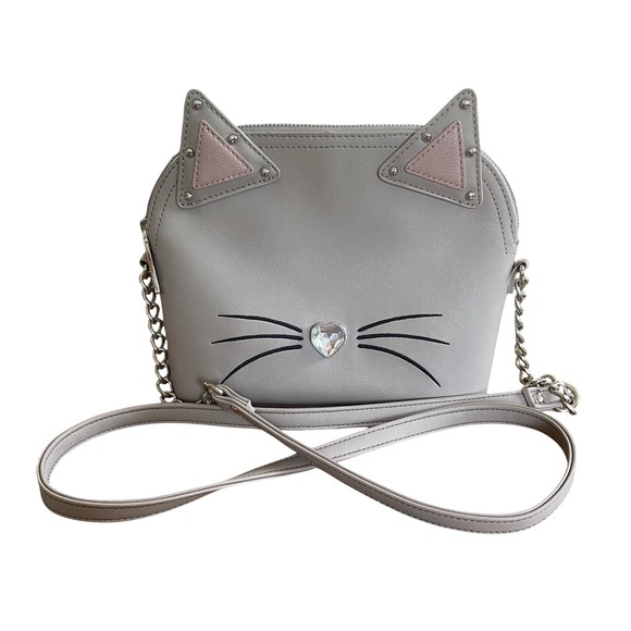 Betsey Johnson Handbags - Betsey Johnson Grey Cat Face Crossbody Bag Heart Nose Studded Ears Novelty Purse